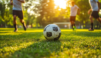 Sunset soccer game, kids enjoying the sport