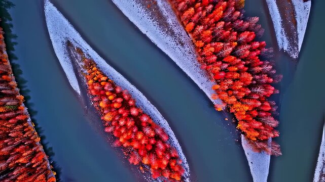 Aerial View of Red Trees and Dark Water Creating an Abstract and Vibrant Fall Landscape From Above