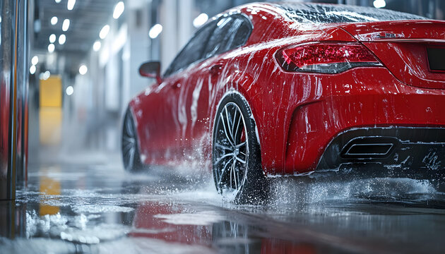 High-pressure wash on a shiny red car