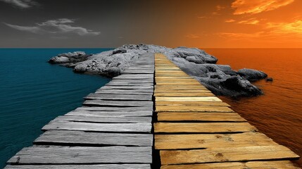 A wooden pier extends over calm water towards a rocky outcrop at sunset