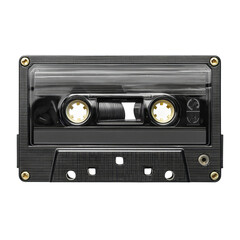 Vintage Cassette: A close-up of a classic cassette tape, the black body and transparent window reveal the spools of magnetic tape, encapsulating nostalgia for music lovers.