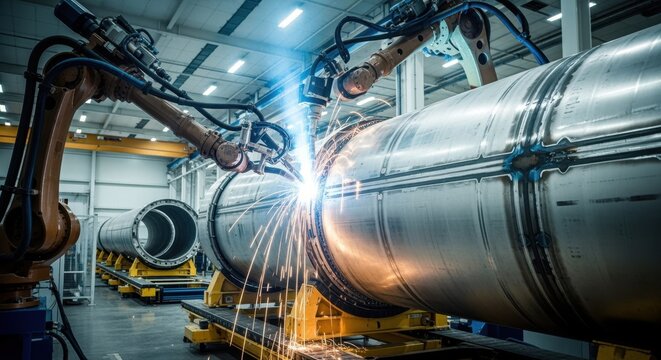 Industrial robotic welding station fully automated for continuous hyperloop vacuum tube section seam joining maximizing production efficiency.