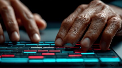 Person typing on a backlit keyboard with illuminated keys in a close-up shot