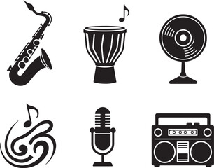 Saxophone drum mic record player boombox musical icons