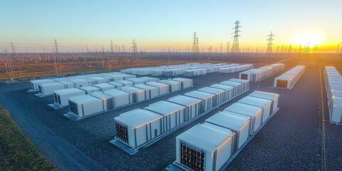 Wide-angle view of futuristic energy storage container matrix with discharging units at sunset. High-voltage towers overseeing orderly rows of high-tech battery systems in open field.