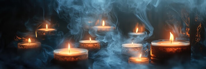 A bunch of candles are lit and are surrounded by smoke