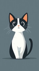 Obraz premium A cartoon cat with black and white fur is sitting on a grey surface