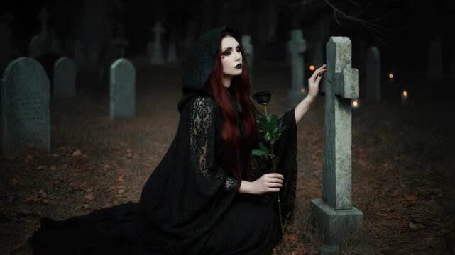 Gothic woman in black attire kneels, holds rose graveyard at dusk