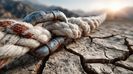 Fototapeta premium A coiled white rescue rope draped over cracked earth, highlighted by golden-hour light for a resilient theme.
