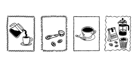 Hand drawn coffee chalk vintage posters. Whimsical drawings of coffee in doodle ink, chalk, crayon style. La dolce vita breakfast. Vector line art for prints, placards, menus in cafe or restaurant.