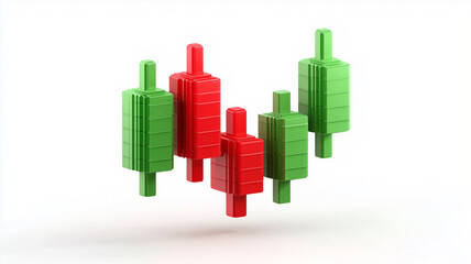 Vivid 3D candlestick columns rise and fall in mid air, illustrating the heartbeat of real time market sentiment. A conceptual portrait of financial analytics and risk management through dynamic tradin