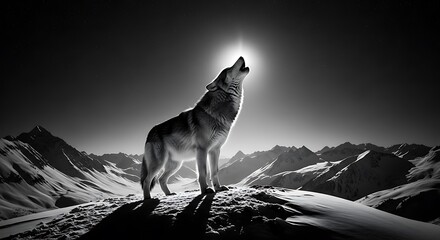 Lone Wolf's Howl to the Moon: A majestic wolf howls towards the moon, a symbol of wilderness and freedom, its cry echoing through the silent, snowy peaks.
