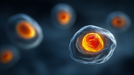A single glowing cell with fiery nucleus drifts in the abyss, embodying the origin of life and cellular potential. Conceptual visualization of biomedical research, regeneration, and the spark of livin