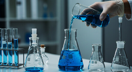 Scientist Pouring Blue Chemical into a Flask During a Laboratory Experiment