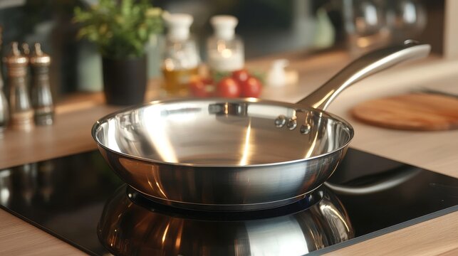 Professional stainless steel frying pan heats on modern induction cooktop ready for cooking