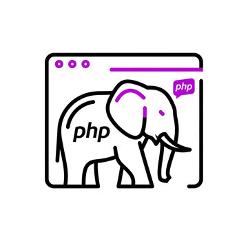 Outline illustration of an elephant inside a browser window, with "php" text displayed on the elephant and in a speech bubble.