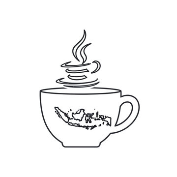 A stylized illustration depicts a coffee cup with a map of Indonesia and steam.