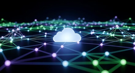 Digital Cloud Network: An ethereal representation of a digital cloud at the heart of a vast network, connected by an intricate web of glowing nodes and lines, set against a deep, dark background.