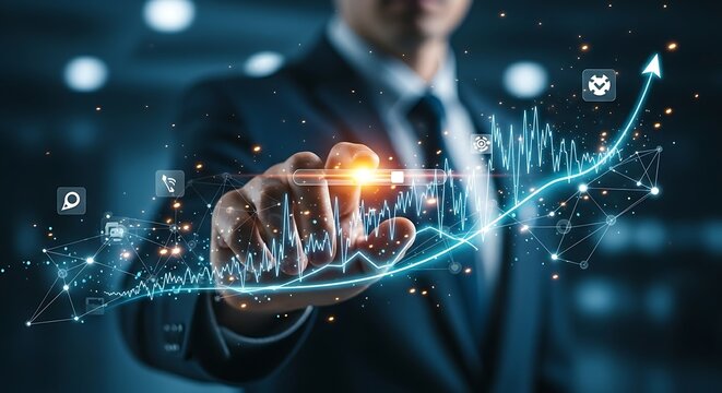 Performance optimization concept. A hand adjusts a holographic slider to "optimize" a process, turning an unstable line graph into a smooth, ascending one.
