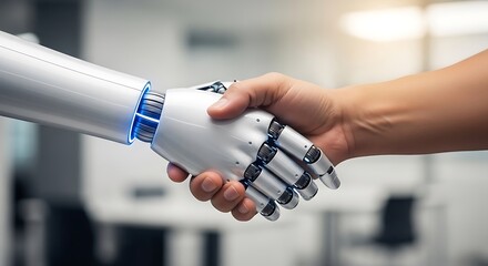Human and Robotic Alliance: A symbolic handshake between human and robot, representing collaboration and technological advancement. Capture the spirit of innovation and progress