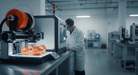 Technological Precision: A scientist meticulously monitors an advanced 3D printer, a symbol of innovation and industrial progress in a modern lab.