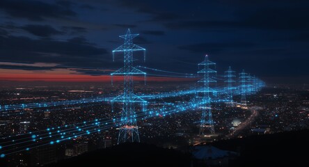 Fototapeta premium Night Cityscape with Illuminated Power Lines and Towers