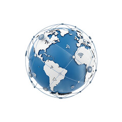 Blue Earth globe wrapped in a digital network grid with WiFi and communication icons. PNG Transparent Background