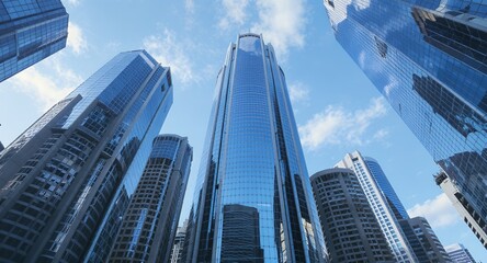 Obraz premium Upward View of Modern Glass Skyscrapers Against a Blue Sky with Clouds
