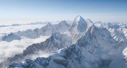 Naklejka premium Majestic Snow-Capped Mountain Peaks Rising Above a Sea of Clouds