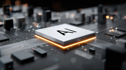 An illuminated AI processor sits at the heart of an electronic board, embodying the hardware intelligence accelerating machine learning and smart devices.