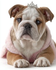 Fototapeta premium Adorable English bulldog puppy, dressed as charming princess, poses sweetly in pink outfit sparkling tiara. This cute pet, full expression regal charm, is perfect themes loyalty, companionship,