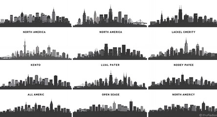 Obraz premium Silhouetted Cityscapes: Collection of Urban Skylines in Black and White.