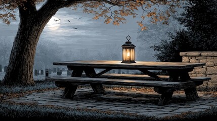Glowing lantern weathered picnic table in moonlit graveyard at dusk. Bare trees dark tombstones loom, with birds flying under eerie sky, creating mysterious gothic autumn scene.