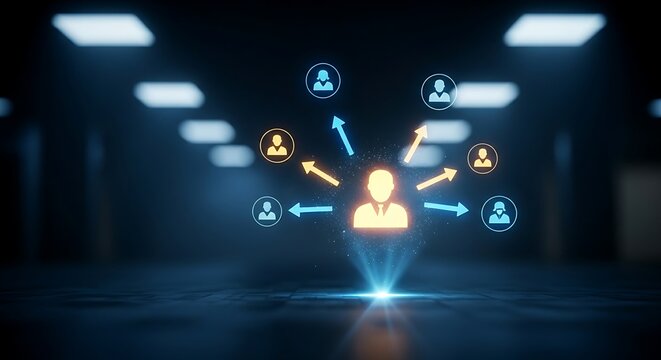 360-degree feedback concept. A person icon at the center of a hologram receives feedback arrows from all directions (peers, managers, subordinates).