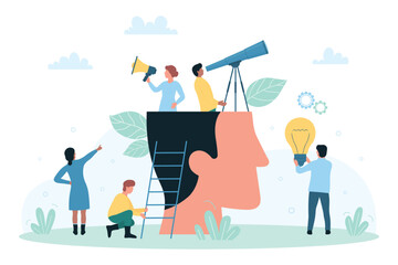 Creative business mindset vector illustration. Cartoon tiny people inside abstract human head of businessman looking ahead through telescope in future, holding light bulb, finding ideas and thinking