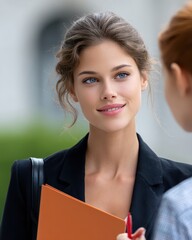 Obraz premium Professional young woman with captivating blue eyes friendly smile participates in outdoor business discussion. She's dressed in smart blazer, holding folder, representing successful, confident,