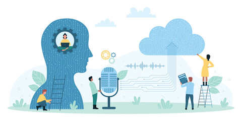 Smart audio record, mobile app and cloud service vector illustration. Cartoon tiny people speaking in microphone, using AI technology, software for recording sound, connect to server to transfer data