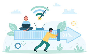 Internet status of download progress in user interface vector illustration. Cartoon tiny man pushing indicator bar on loading arrow, woman working with laptop to upload digital software or file