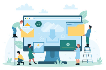Free download multimedia files and documents vector illustration. Cartoon tiny people upload video and music content from cloud, transfer data information with digital app, use software system