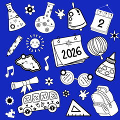 Back to School 2026 Doodle Icon Set on Blue Background