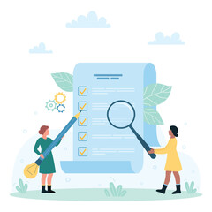 Traceability and product quality control vector illustration. Cartoon tiny people check list items with magnifying glass and pencil, notice options of chain supply, plan and logistics on checklist