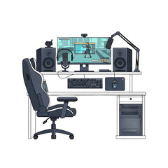 Illustrated professional gaming and streaming setup with a highback chair dual microphones and a computer displaying a video game. PNG Transparent Background