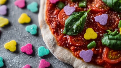 Pizza with a tomato sauce base, topped with sliced tomatoes, basil, peppers, and colorful sprinkles