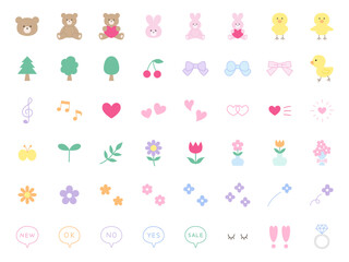 かわいいアイコンセットのベクターイラスト。飾り、ハート、くま、うさぎ、ひよこ、リボン © chie