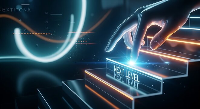 Reaching the next level concept. A hand touches a holographic staircase, illuminating the next step with the words "NEXT LEVEL."
