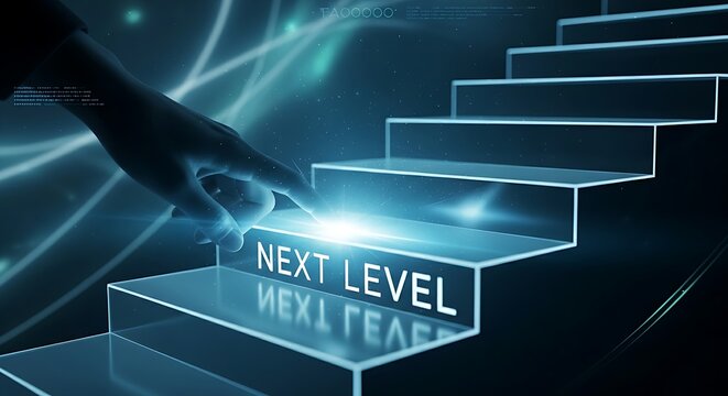 Reaching the next level concept. A hand touches a holographic staircase, illuminating the next step with the words "NEXT LEVEL."