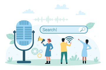 Naklejka premium Virtual help of smart voice assistant, AI vector illustration. Cartoon tiny people with microphone and megaphone use artificial intelligence in application to talk and search music and information