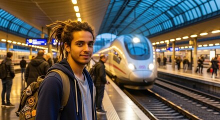 Traveler with dreadlocks at train station platform ready for journey by railway public transportation