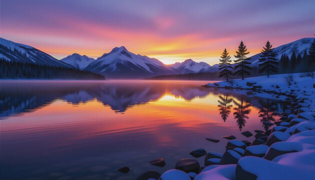breathtaking sunrise paints the sky with vibrant colors, reflected in a calm mountain lake surrounded by snow-dusted trees and rocky shores