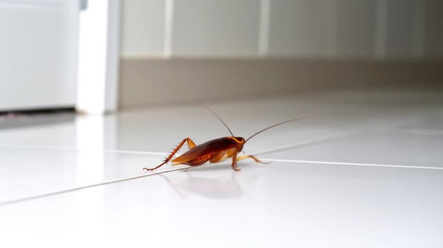 Cockroach on white tiled floor in a bathroom with pest control concept.